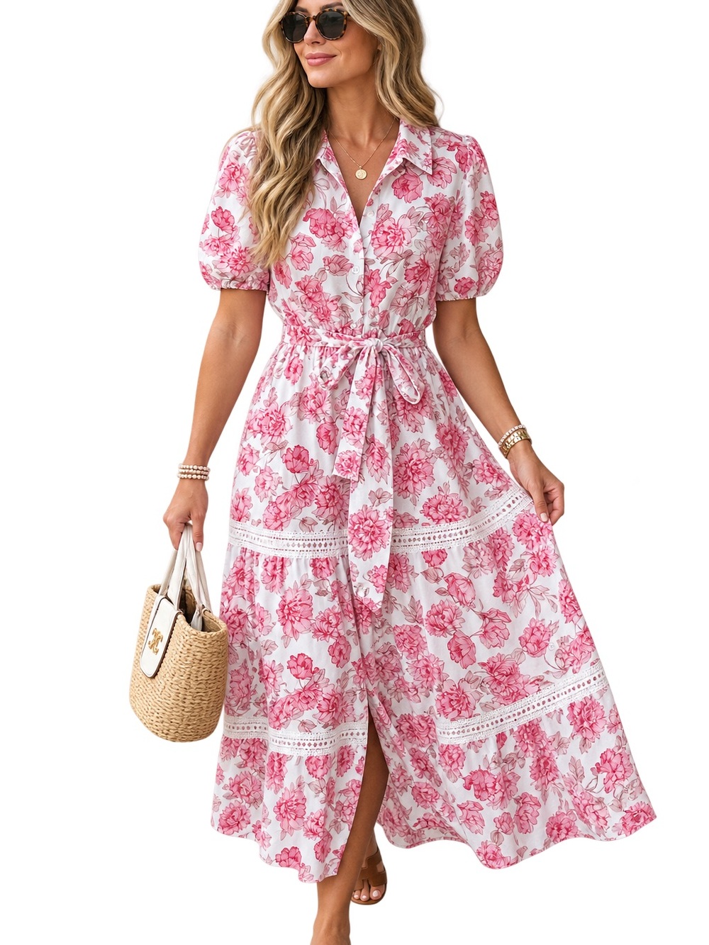 Grace Karin Pink Floral Collared Maxi Dress with Tie Waist size 2XL